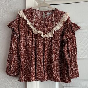 Zara Burgundy Floral Ruffle Eyelet Lace Trim Blouse Top